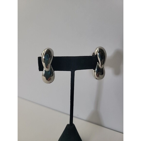 Silver Tone Clip On Earrings Double Teardrop Modern Minimalist High Polish State - Picture 3 of 12